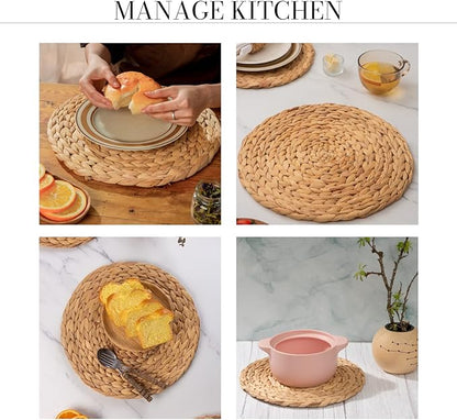 13.8" Set of 6 Round Water Hyacinth Placemats | Boho Woven Rattan Table Mats | Farmhouse Wicker Spring Plate Chargers Like Corn Husk, Seagrass for Wedding, Party, Christmas, Events