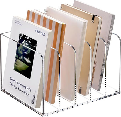 YUXUN Acrylic Magazine Holder,Clear Desk Organizer Vertical File Sorter Holder Stand for Notebook,Paper,Envelope,Magazine, Book Storage-Office/Home/Classroom Organization (5 Compartments,B5)