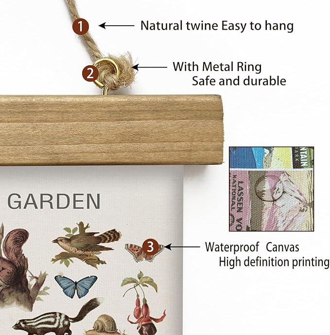 XIAOAIKA Autumn Garden Wildlife Poster - Vintage Illustrated Seasonal Fauna and Flora Chart with Wooden Frame - Educational Wall Art for Home, Classroom, or Nature Enthusiast 20 x 30 Inches