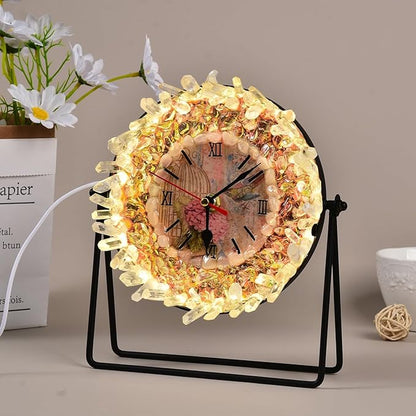 JIC Gem Clear Quartz Crystal Clock with Lamp Decorative Desk Clock USB Port Night Light Home Office Decor