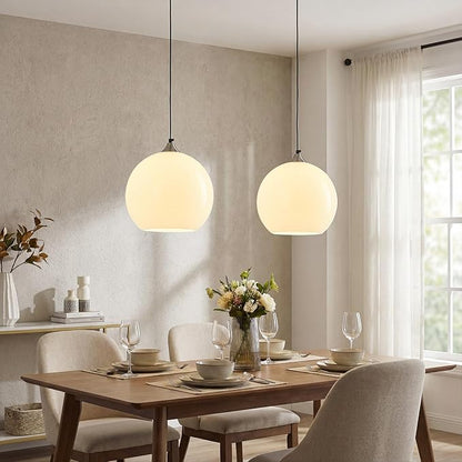 Milky Luster Glass Pendant Lights Kitchen Island Globe Pendant Light Fixtures Modern Pendant Lighting for Bedroom Living Dining Room Light Fixture (9.84 in, 2 Pack)