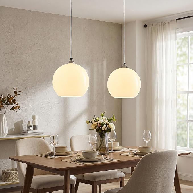 Milky Luster Glass Pendant Lights Kitchen Island Globe Pendant Light Fixtures Modern Pendant Lighting for Bedroom Living Dining Room Light Fixture (9.84 in, 1 Pack)