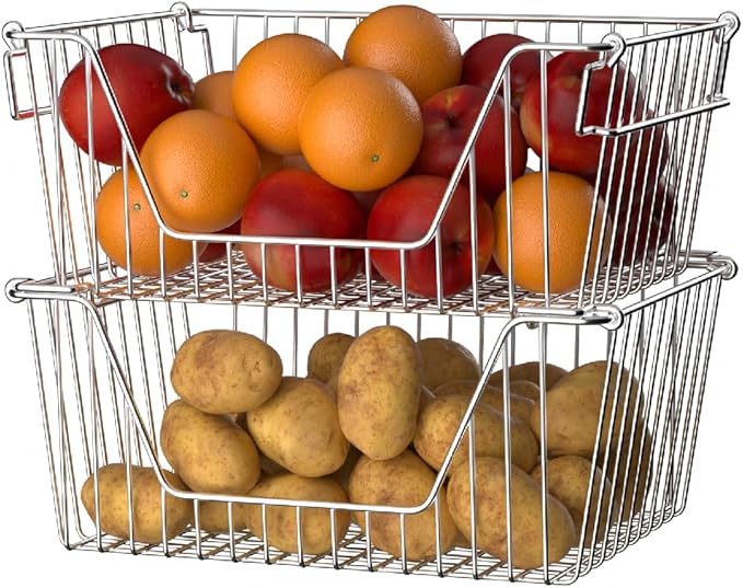Slideep Large Stackable Storage Baskets Cabinet Organizer Sturdy Metal Wire Pantry Freezer Bin for Pantry Home Bathroom Kitchen Organization 4 Packs