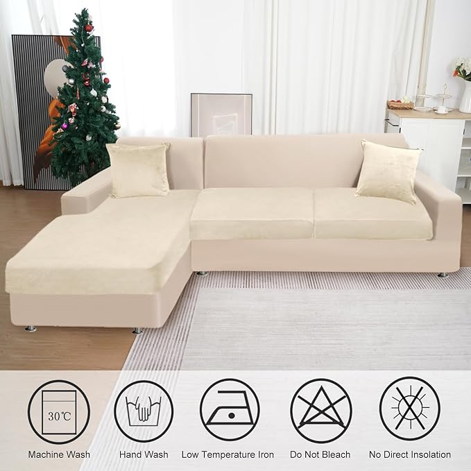Sectional Couch Covers for 3-Piece Seat Cushion Velvet Separate L Shape Couch Cover Stretch Sofa Slipcover with 2 Pieces Pillowcases Furniture Protector (Sofa 2 Seater + 1 Chaise, Milk White)