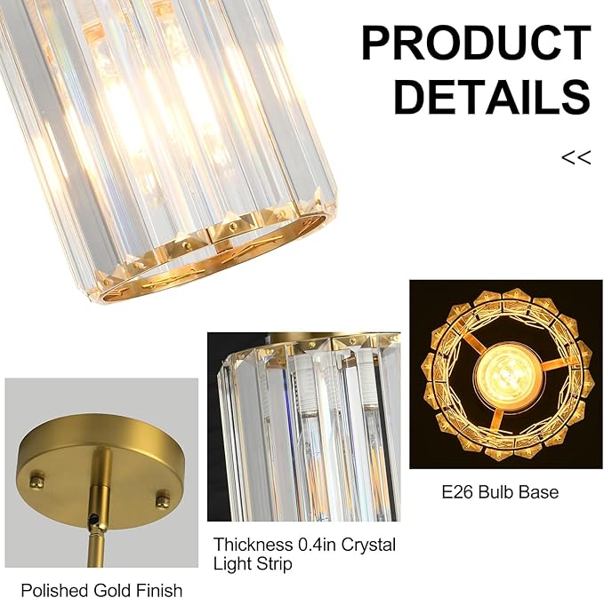 Pendant Lights Kitchen Island 3 Pack, Gold Modern Crystal Mini Chandelier Ceiling Hanging Pendant Light Fixtures for Kitchen Hallway Dining Room Bedroom