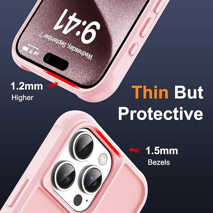 Compatible with iPhone 15 Pro Case with Invisible Magnetic O-Ring Stand Military-Grade Translucent Case for iPhone 15 Pro 6.1" [Compatible with Mag-Safe][Great Grip Feeling], Pink