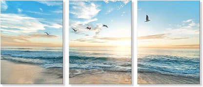 Goldfoilart Ocean Beach Sunset Canvas Wall Art for Bathroom Seascape Seagull Paintings Coastal Picture Framed Artwork for Bedroom Living Room Office Wall Decor 12 x 16Inch x 3pcs