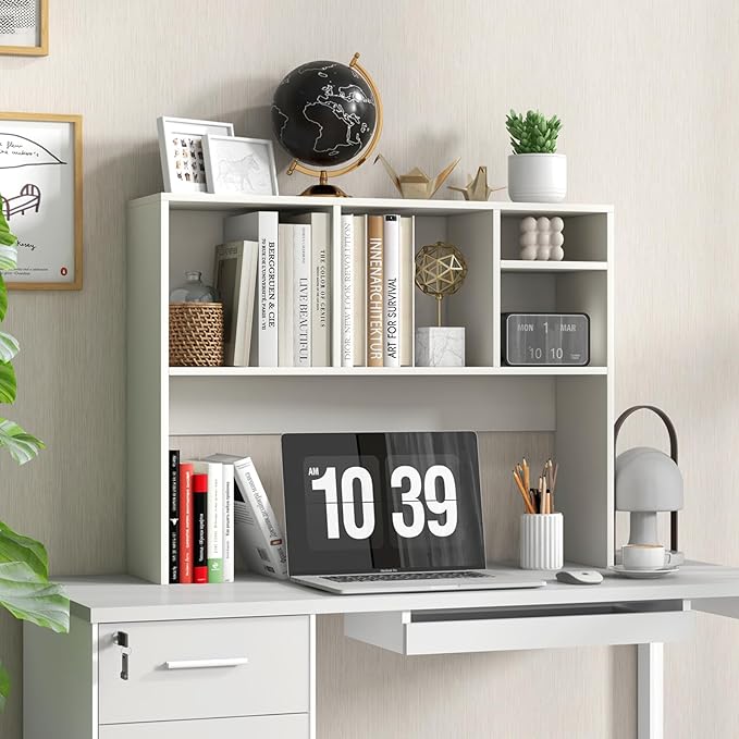 GOFLAME 4 Cubes Desktop Bookshelf, 37” Tabletop Wood Desk Shelf for Computer Monitor, Modern Countertop Desk Display Hutch Storage Organizer Shelf for Home Office, Dorm, Study (White)