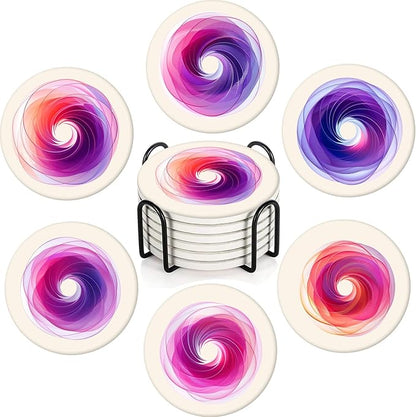 Boho Set of 6 Coasters for Drinks Absorbing Round Ceramic Stone Coaster with Cork Base,Tabletop Protection Mat for Mugs and Cups,Office,Kitchen (Colorful Halo)