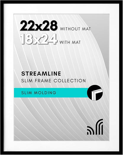 Americanflat 22x28 Poster Frame with Polished Plexiglass - Use as 18x24 Frame with Mat or Display 22x28 Photo Without Mat - Streamline Collection - Thin Border Picture Frames for Wall - Black