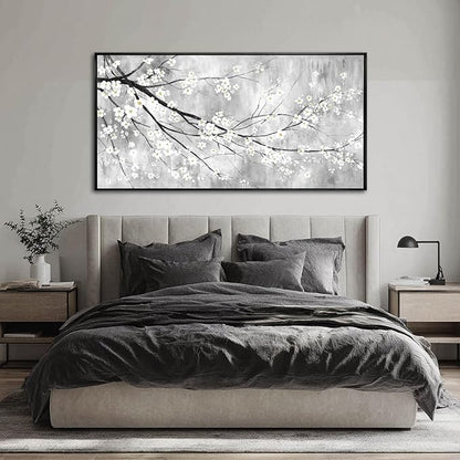 WINKAILIN White Black and Gold Plum Blossom Canvas Wall Art with Black Frame 24"x48" Floral Artwork Modern Botanical Wall Decor for Bedroom Living Room Office Kitchen