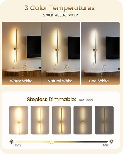 33" Wall Sconces Set of 2 with Remote Control, Dimming & 3 Color Temperatures, Plug-in Gold Wall Lights for Bedroom, Living Room, Adjustable Brightness & Rotatable Lamp Post, D09YBP205