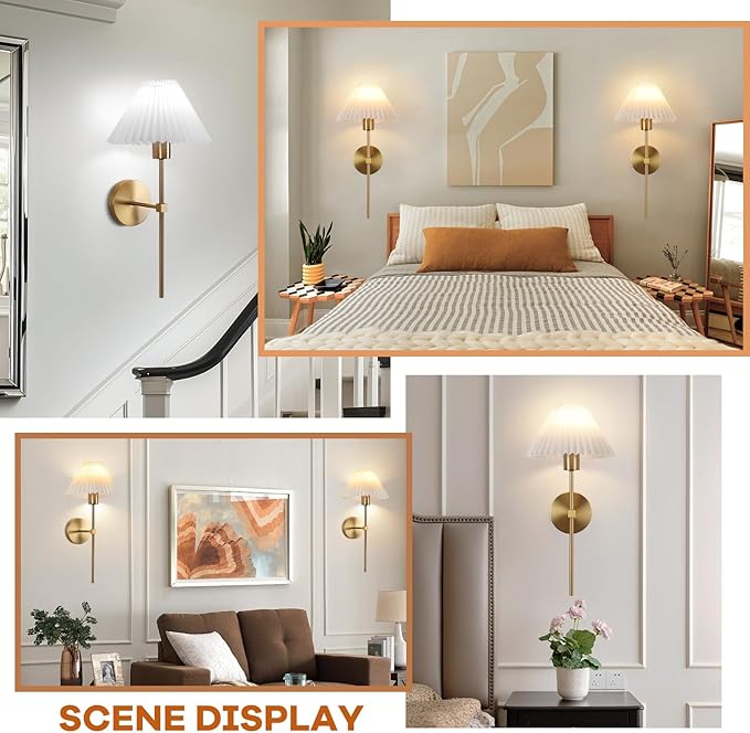 Wireless Wall Sconce Sets of 2, Pleated Shades Rechargeable Battery Operated Wall Sconce, Retro Industrial Gold Wall Lights Bathroom Vanity Sconces, Wall Mounted Lamps for Bedroom Living Room Kitchen