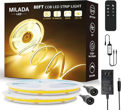 COB LED Strip Light 3000K 80FT/24M Warm White LED Strip Dimmable High Lumen Strip (2 Rolls of 40ft) 24V UL Adapter Suitable Adhesive Indoor COB LED Strip for Bedroom, Living Room, Shelf, Cabinet