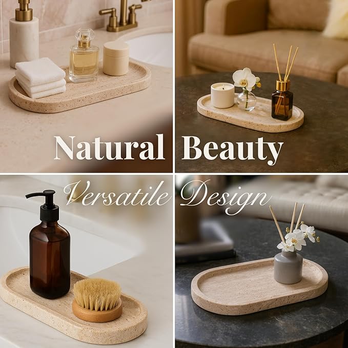 Handcrafted Travertine Tray – Bathroom Counter Organizer, Jewelry Tray, Perfume Organizer & Decorative Tray for Vanity Accessories, Coffee Table Decor & Bathroom Countertop (Oval, Natural)