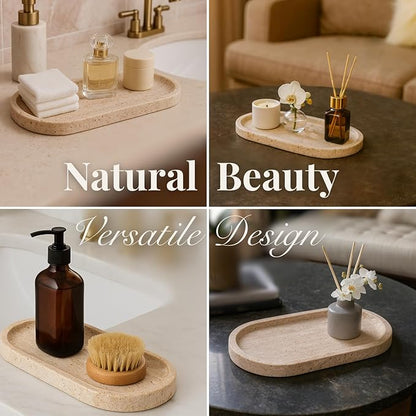 Handcrafted Travertine Tray – Bathroom Counter Organizer, Jewelry Tray, Perfume Organizer & Decorative Tray for Vanity Accessories, Coffee Table Decor & Bathroom Countertop (Oval, Natural)