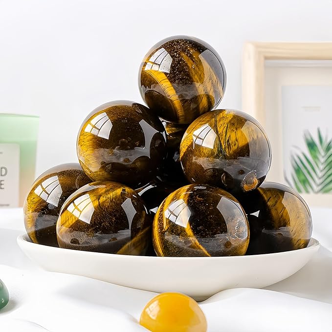 Natural Clear Quartz Crystal Sphere with Stand，5PC Real Crystals Ball, Clear Quartz Small Ball Decor (Tiger Eye Ball)