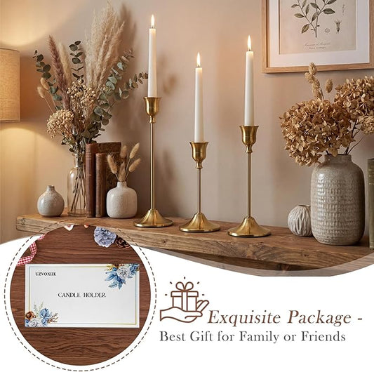 Gold Candlestick Holders Set of 6, Weighted, Metal Taper Candle Stick Holders, Vintage Christmas Brass Home Decor for Table, Mantel, Room Decorations Housewarming Gift Gold-6