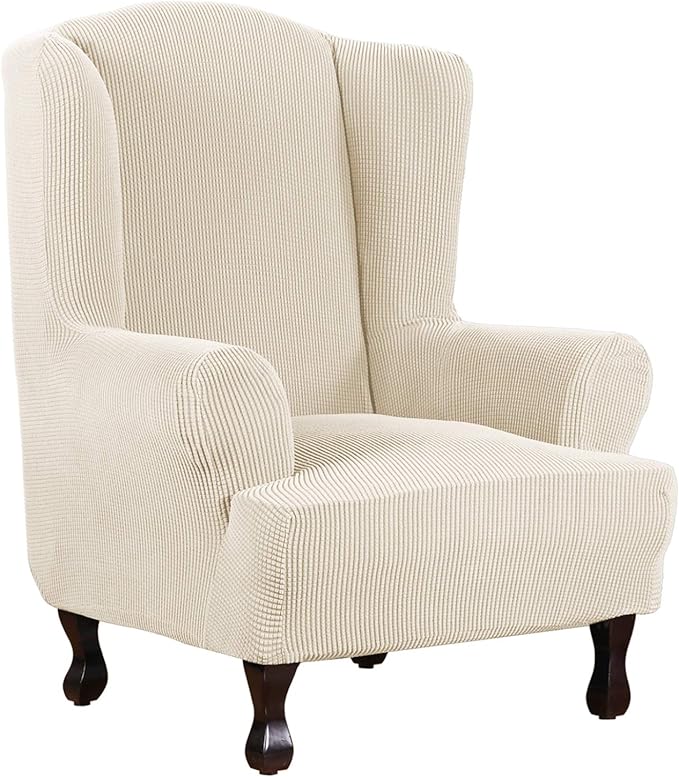 H.VERSAILTEX Wing Chair Slipcover Chair Covers for Wingback Chairs Wingback Chair Covers Slipcovers 1 Piece Stretch Sofa Cover Furniture Protector Soft Spandex Jacquard Checked Pattern, Natural