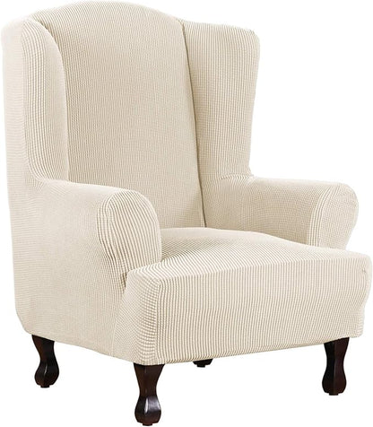 H.VERSAILTEX Wing Chair Slipcover Chair Covers for Wingback Chairs Wingback Chair Covers Slipcovers 1 Piece Stretch Sofa Cover Furniture Protector Soft Spandex Jacquard Checked Pattern, Natural