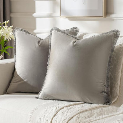 FUTEI Grey Velvet Decorative Throw Pillow Covers 24x24 Set of 2,Soft Cozy Edge with Tassels European Cushion Case,Boho Modern Home Decor for Couch Bed Living Room