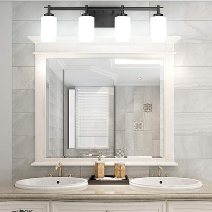 Aipsun Vintage Bathroom Vanity Light Black Bathroom Light Fixtures 4 Lights Milky White Glass Shade Industrial Wall Light (Exclude Bulb)