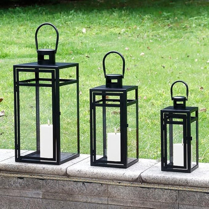 TRIROCKS Stainless Steel Lantern Set of 3 - Assorted Sizes (12/15/19 Inch) - Tall Metal Hanging Lanterns with Clear Glass Panels, Indoor & Outdoor Home Decor for Parties & Events - Black Finish