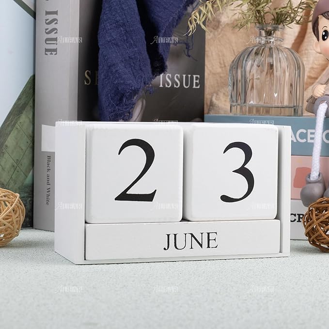 AUEAR, Wooden Block Perpetual Desk Calendar Desktop Cube Rustic Chic Number for Home Office Decoration Large (White)