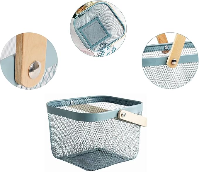 Metal Mesh Wire Basket, Small Steel Basket with Wooden Handle Storage Organizer Basket Multi-functional Hanging Kitchen Baskets Fruit Baskets for Kitchen Bathroom Cabinet Pantry Snacks, Blue