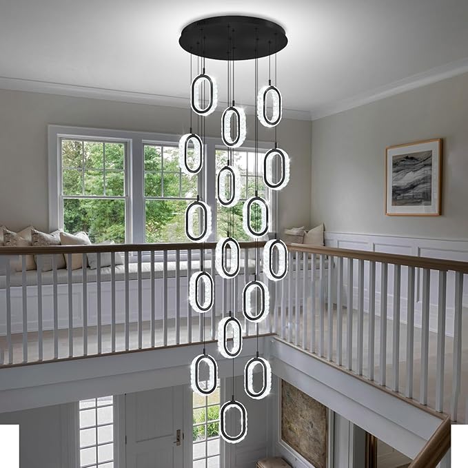 Modern Large Ring Chandelier for High Ceiling Black Stair Chandeliers for Foyer LED Crystal Ring Drop Chandelier Dimmable 2700K-6000K 16-Light