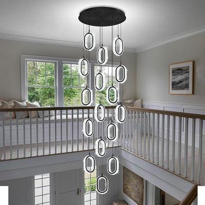 Modern Large Ring Chandelier for High Ceiling Black Stair Chandeliers for Foyer LED Crystal Ring Drop Chandelier Dimmable 2700K-6000K 16-Light