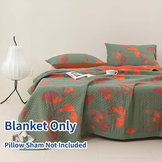 100% Cotton Muslin Blanket Jacquard Green Orange Floral Ginkgo Leaves Quilt, Soft Bed Cover Lightweight Breathable Gauzy Reversible Bedspread Coverlet Twin(59"x94"), No Pillow Sham