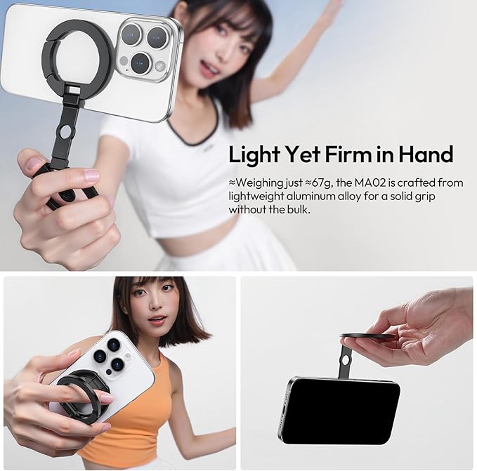 ULANZI MA02 Dual Magnetic Ring Phone Grip Stand, Aluminum for MagSafe Gym Kickstand Compatible with iPhone 17-12 Series, Foldable Phone Tripod Mount with 1/4" Screw for Live Streaming Vlog