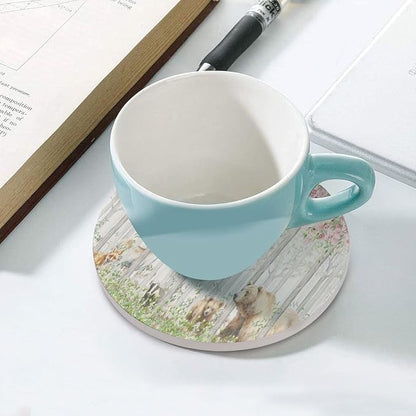 Forest Drink Coasters, Round Ceramic Drink Coaster Round-6PCS, Cartoon Nature Forest Flower Animal Bear, Deer, Fox, Rabbit Decor Absorbent Ceramic Coasters for Beverage Cup, Bar, Coffee Table