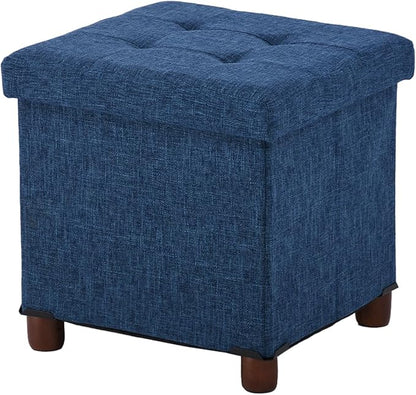 15 Inch Storage Ottoman with Wooden Legs - Cube Foot Rest Stool, Square Footstool, Comfortable Seat with Lid, Foldable Fabric Ottoman, Space-Saving Navy