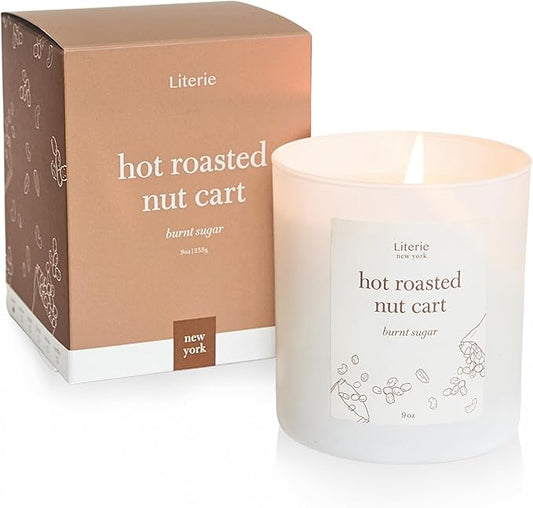 Literie NYC Inspired Scented Candle: Hot Roasted Nut Cart - Burnt Sugar Scent, 9oz, 50 Hour Burn, Vegan Soy & Coconut Blend Candle for Home Decor, Gift for Women & Men