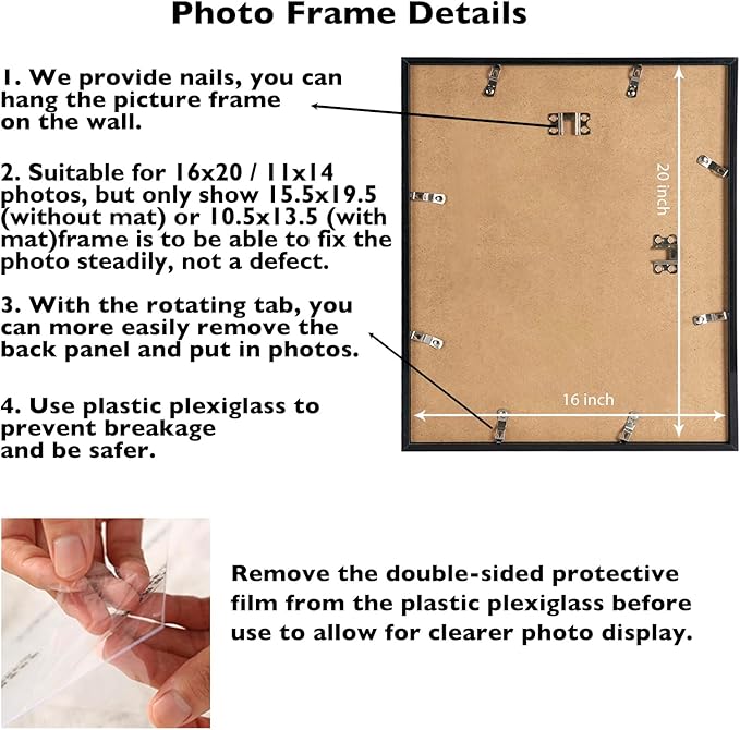 16x20 Picture Frame Set of 2 with 11x14 Mat, Display Photo 11x14 with Mat or 16 x 20 Without Mat, Wall Hanging Large 16 by 20 Poster Frame with Plexiglass, 2 Pack, Black