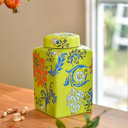Sungmor Decorative Ceramic Ginger Jar with Lid, Square Ceramic Storage Jar Tea Canister, 8.2" Hand Painted Floral Pattern Porcelain Vase for Table Centerpiece, Green Glazed Ginger Jar for Home Decor