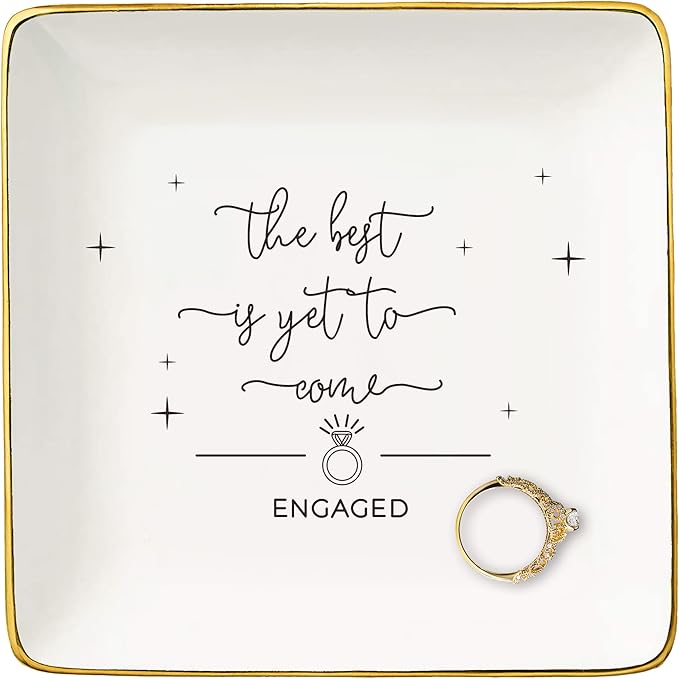 NZY Happy Engagement Gift for Bride,Bride to Be-Engagement Present-Newly Engaged Present,Wedding Christmas Gift-the Best Is Yet to Come-Ceramic Jewelry Tray Trinket Holder Ring Dish