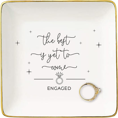 NZY Happy Engagement Gift for Bride,Bride to Be-Engagement Present-Newly Engaged Present,Wedding Christmas Gift-the Best Is Yet to Come-Ceramic Jewelry Tray Trinket Holder Ring Dish