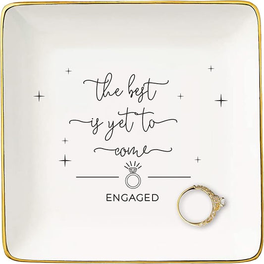 NZY Happy Engagement Gift for Bride,Bride to Be-Engagement Present-Newly Engaged Present,Wedding Christmas Gift-the Best Is Yet to Come-Ceramic Jewelry Tray Trinket Holder Ring Dish