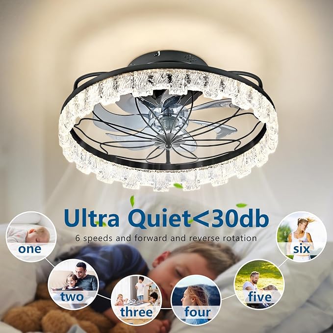 Matte Black Ceiling Fan with Light, Farmhouse Flower Caged Ceiling Fan with Remote, LED Low Profile Ceiling Light for Bedroom Kitchen Living Room