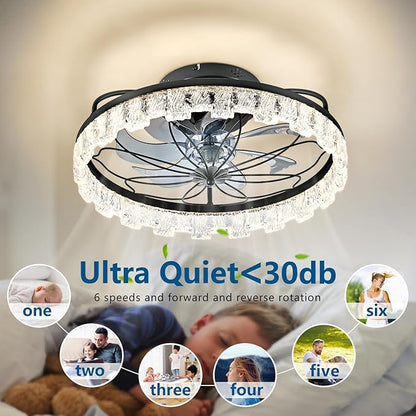Matte Black Ceiling Fan with Light, Farmhouse Flower Caged Ceiling Fan with Remote, LED Low Profile Ceiling Light for Bedroom Kitchen Living Room