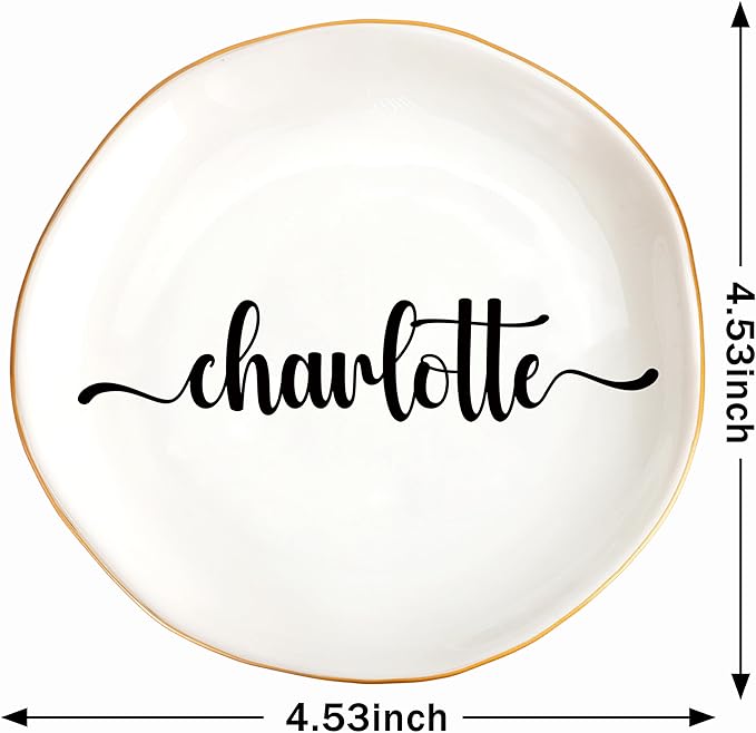 JoycuFF Charlotte Personalized Name Ceramic Jewelry Tray, Mothers Day Christmas Anniversary Engagement Birthday Gifts for Women Couples, Trinket Dish for Rings Earrings Necklaces Bracelets Keys