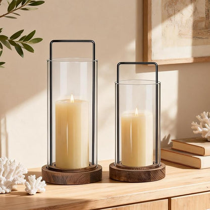 Houmury Set of 2 Brown Hurricane Candle Holders Lantern 12” & 10”with Wood Base Metal Handle Glass Cylinder Modern Farmhouse Decor for Home Decor, Table Centerpieces (Brown)