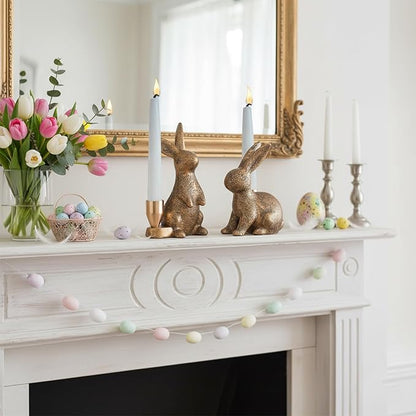 Gold Rabbit Candle Holders - Bunny Set of 2 Vintage Rustic Pedestal Candlesticks, Easter Decorations, Holiday & Themed Decor, Centerpieces for Fireplace Mantle & Dining Table
