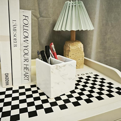 Marble Pen Holder, White Stone, Rectangular Desktop Organizer for Office Study (white 2 layer)