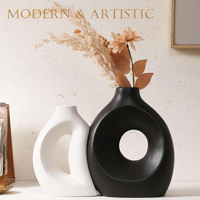 Ceramic Vase Set of 2 - Handcrafted Ceramic Vases for Home Decor & Shelf - Modern Farmhouse Decor for Kitchen, Office, Bedroom & Living Room Decorative Objects for Mantel, Table Centerpieces