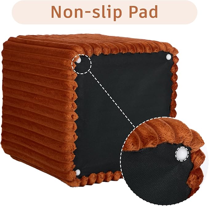 Modern Square Ottoman, Vertical Channel Tufted Foot Stool Ottoman, Velvet Upholstered Vanity Stool for Makeup, Bedroom, Living Room, Dark Orange