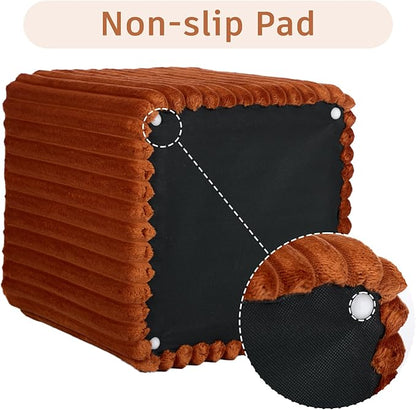 Modern Square Ottoman, Vertical Channel Tufted Foot Stool Ottoman, Velvet Upholstered Vanity Stool for Makeup, Bedroom, Living Room, Dark Orange